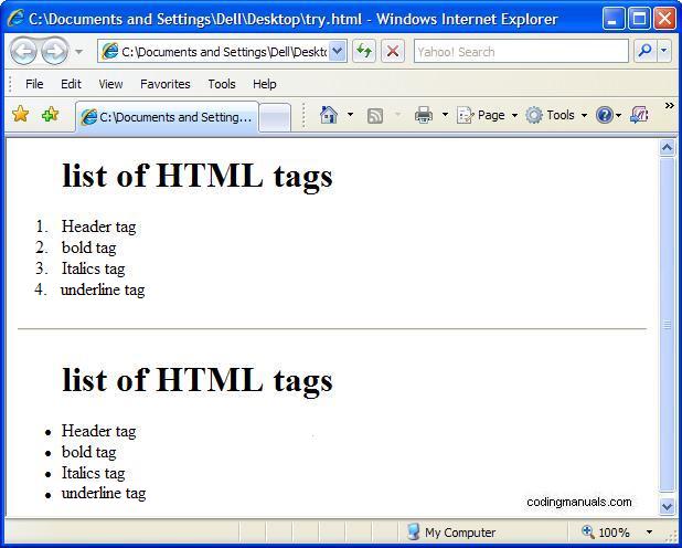 HTML code using ordered and unordered tags
